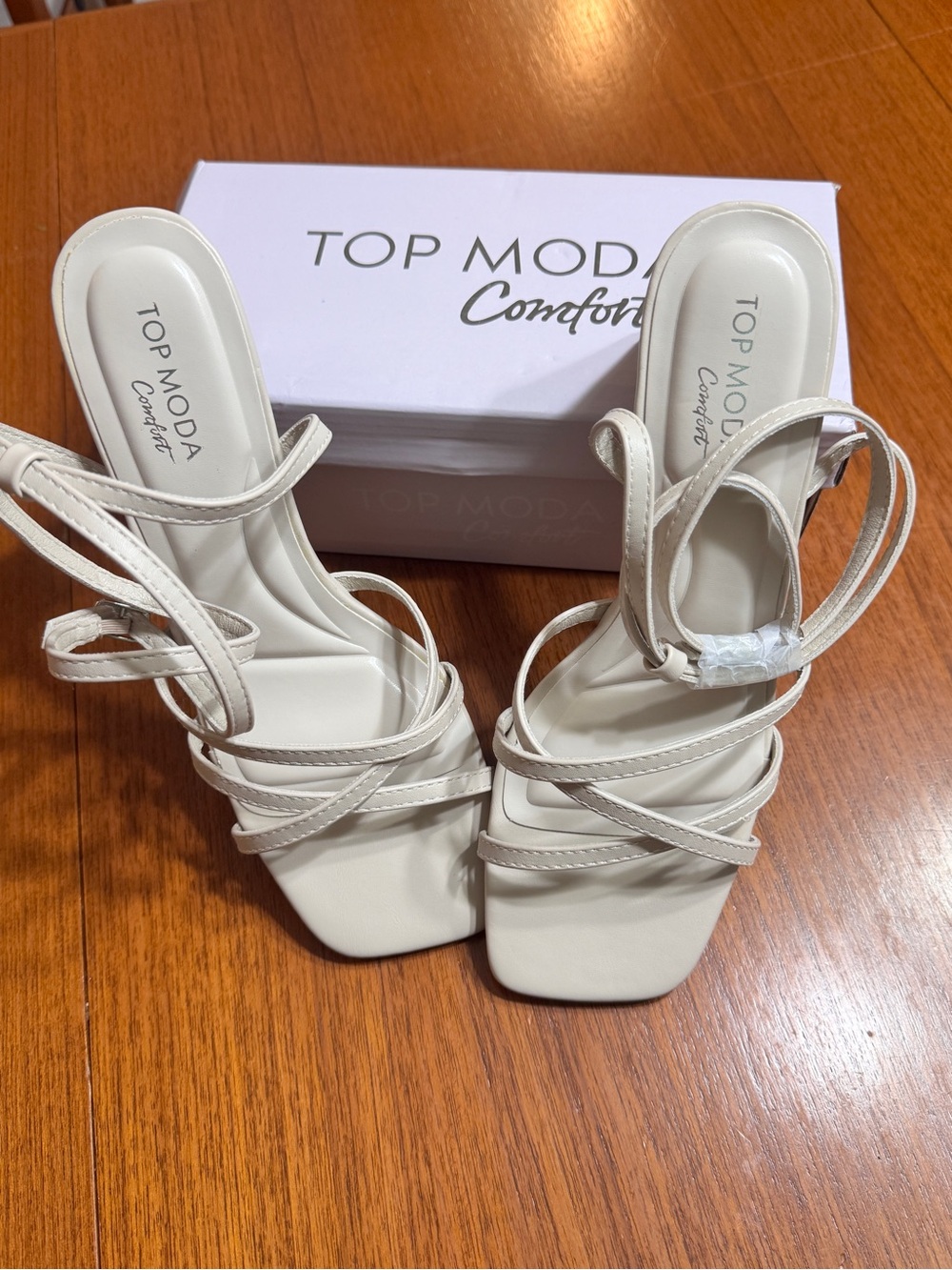 NWT-9-Top Moda Monique Strappy Square-Toe Block Heeled Sandals in Ivory
